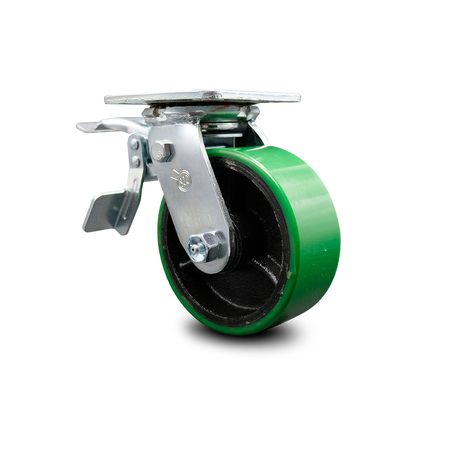 SERVICE CASTER 5 Inch Green Poly on Cast Iron Caster with Roller Bearing and Total Lock Brake SCC-TTL30S520-PUR-GB